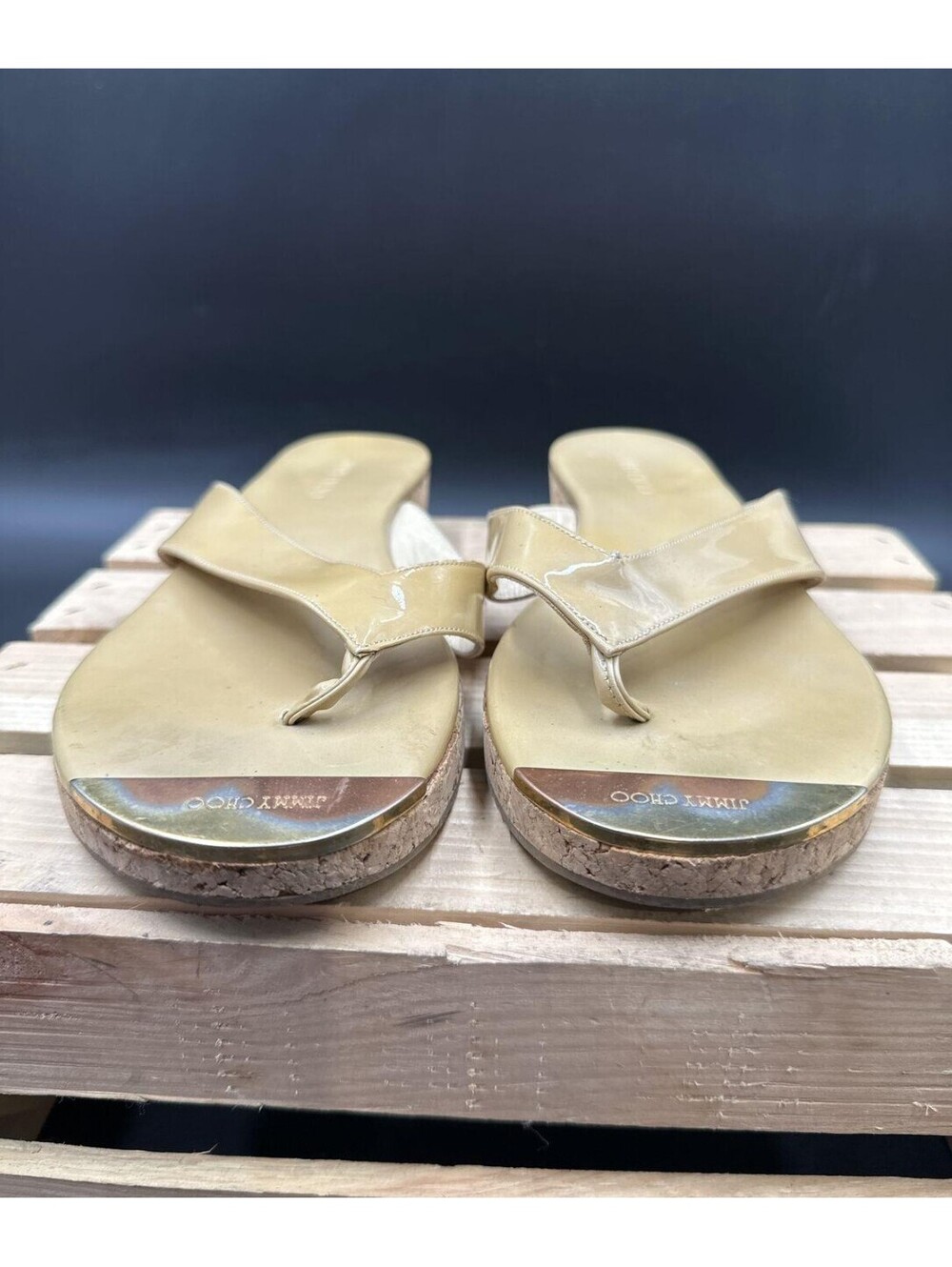 Jimmy Choo Beige Patent Leather Cork Wedge Thong Sandals Size 38.5 /US 8